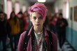 © Tetiana - Photography of non binary teen person in school hallway with kids in the background generated by AI