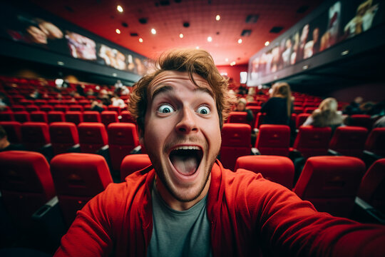 Funny young guy student making selfies at modern cinema premiere Generative AI