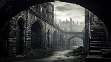 A Monochrome Cityscape Viewed Through The Arches Of An Old Stone Bridge