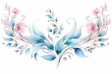Wall Mural - Seamless watercolor border with transparent pastel flowers and eucalyptus leaves. Vintage pink and blue floral design. Generative AI