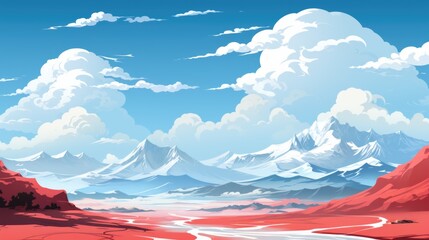 Sticker - A cartoon landscape with mountains and clouds, AI