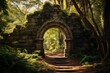 a gateway with arch at the end of path surrounded by woods. Generative AI