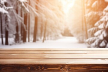 Poster - Closeup on a Wooden Table with Winter Snowy Trees  in the Background for Product Display