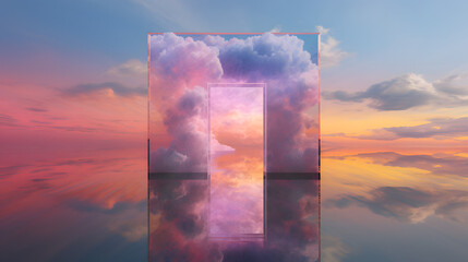 Sticker - the doorway that opened up into the cloudy sky, in the style of holographic, hyper-realistic water, minimalistic metal sculptures, colorful minimalism, 3840x2160, made of crystals, confessional