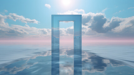 Wall Mural - the door in the middle reflects rainbow, in the style of hyper-realistic water, light sky-blue and silver, modern surrealism, vray tracing, confessional, translucent water, minimalistic metal sculptur