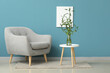 © Pixel-Shot - Comfortable armchair and bamboo stems on table near color wall