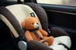 A secure car seat for infants featuring a cute plush toy. Generative AI