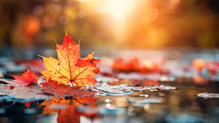 autumn banner with red and yellow maple leaves reflecting in water with soft focus and light, backgr