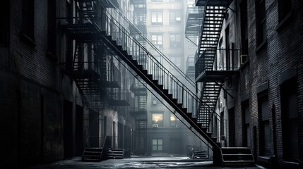 Canvas Print -  a dark alleyway with a set of stairs leading up to a fire escape.  generative ai