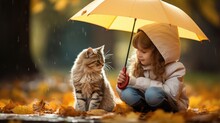 A Little Girl Holding An Umbrella Next To A Cat