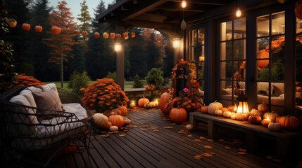 Wall Mural - A porch decorated with pumpkins and candles