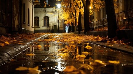 Sticker - A puddle of water on a city street at night