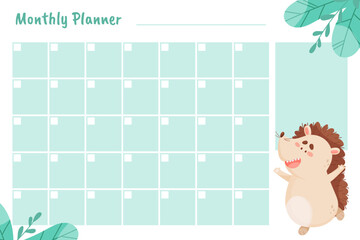 Wall Mural - Monthly Planner with Cute Hedgehog Character and Forest Spiny Creature Vector Template