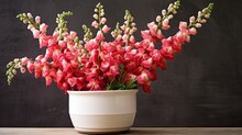 Snapdragons In A Boho Ceramic Pot With Negative Space To The Left, Emphasizing The Flowers' Height.