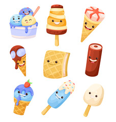 Poster - Ice Cream with Cute Face as Frozen Dessert Vector Illustration Set.