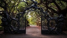 An Intricate Black And White Wrought Iron Gate Framed By Overhanging Branches. 