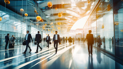 Wall Mural - Business people walking in big glass lobby with beautiful morning sun lights reflection. Office skyscraper entrance hall