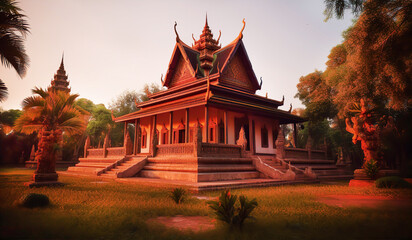 Wall Mural - Beautiful old Asian temple at sunset.