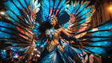 Brazilian carnival.  Beautiful Dancers in outfit with feathers and wings enjoying the parade, smile to crowd 
