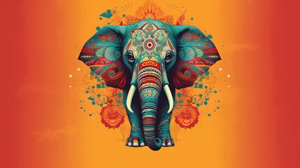 Poster -  an elephant with a colorful pattern on its face and trunk.  generative ai