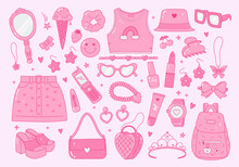 Pink Glamour Pack Of Y2k Trendy Clothes And Accessories With Hearts, Stars, Rhinestones, Diamonds. Teen Girl Of 90s 2000s Aesthetic. Cute Nostalgia Stickers. Vector Illustration.
