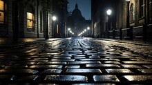 Rain-soaked Black And White Cobblestones Reflecting The Glow Of Lampposts