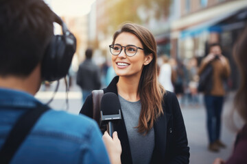 Young beautiful woman activist gives interviews outdoors
