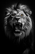 Photorealistic portrait of a wild roaring lion in black and white format