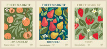 Set Of Abstract Fruit Market Retro Posters. Trendy Kitchen Gallery Wall Art With Pear, Peach, Strawberry Fruits. Modern Naive Groovy Funky Interior Decorations, Paintings. Vector Art Illustration.