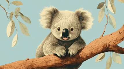 Poster -  a painting of a koala sitting on a tree branch.  generative ai