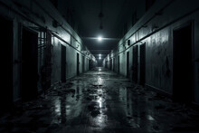 Creepy Old Shabby Corridor Of Mental Hospital With Puddles On The Floor, Horror Style, Dark Corridor Of Abandoned Building, Abandoned House Interior, Spooky, Scary Background.