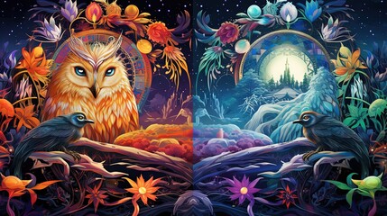 Poster -  a painting of an owl and a bird in a forest.  generative ai