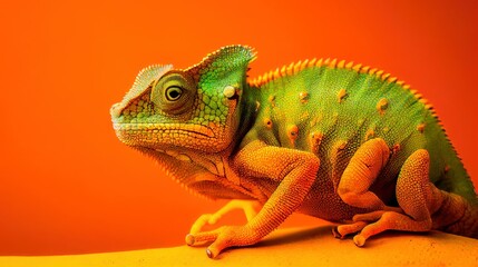 Wall Mural - photo of a green Chameleon on an orange background