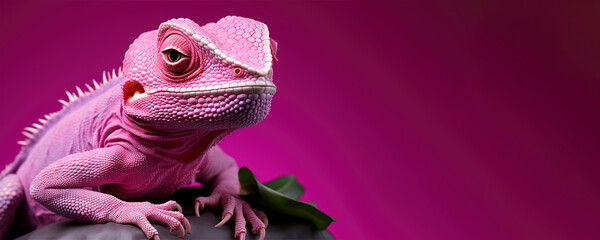 Wall Mural - Chameleon full body, frame within shot, colorful, aligned right, pink background.