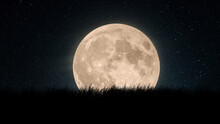 Big Amazing Full Moon With Grass And Starry Sky