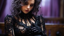 Gothic Individual In A Black Corset And Lace Gloves.