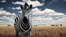 The Stark Contrast Of A Black And White Zebra Grazing In An Open Field
