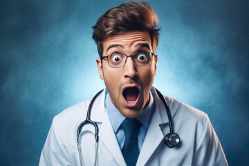 Surprised young male doctor with stethoscope on blue background