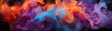 Abstract Colorful Fire Background. A Blue, Orange, And Purple Fire And Lightning With Smoke On Black, In The Style Of Smooth And Curved Lines, Creative Commons Attribution.