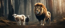 In A Dark Misty Forest, A Large Lion Stands Next To Two Small Sheep Of White And Black Coloring