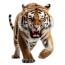 Angry Tiger Running Towards Camera, Isolated Png, Transparent Background, Generative Ai