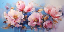 Pink Peony Flowers On Abstract Blue Background, Wall Art Poster In Oil Painting Style