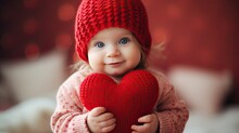 A Smiling Little Girl In A Knitted Hat And Sweater Holds A Knitted Heart Toy Tightly In Her Hands. Illustration For Cover, Card, Postcard, Interior Design, Decor Or Print.