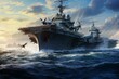 an American warship and combat airplane lifting off from a platform. Generative AI