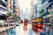 An artistic portrayal of the vibrant Hong Kong cityscape in watercolor style. Generative AI