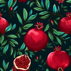 Wall Mural - Pomegranates plant with green leaves seamless pattern.