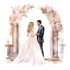 Wall Mural - Watercolor Groom and Bride Under Romantic Archway Painting. Wedding Clip art, Isolated on White.