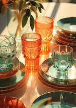 A Lot Of Retro Dishes Made Of Transparent Glass, A Decorative Composition, A Bright Background, Light And Shadows