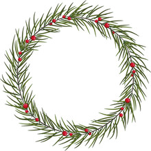 Christmas Tree Wreath With Red Berries. Holiday.transparent, Png.Christmas Card With A Wreath Of Fir Branches .Christmas