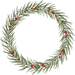 Christmas tree wreath with red berries. Holiday.transparent, png.Christmas card with a wreath of fir branches .Christmas